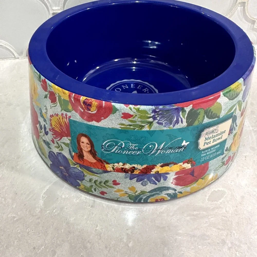 NWT Pioneer Woman Delaney Floral Pet Dog Cat Bowl Medium Size 22 oz Melamine Gri